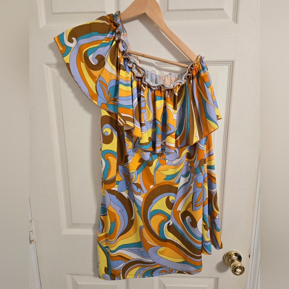 24Seven Yellow And Blue Colorful One-Shoulder Mini Dress Size XL Nwt